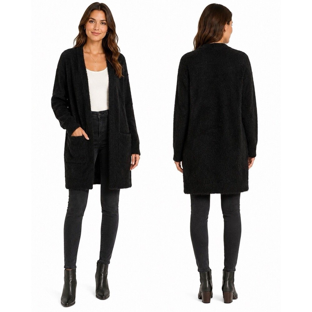 Soma WKND Women’s Black Fuzzy Open Front Cardigan Size Medium Long Sweater Pocke
